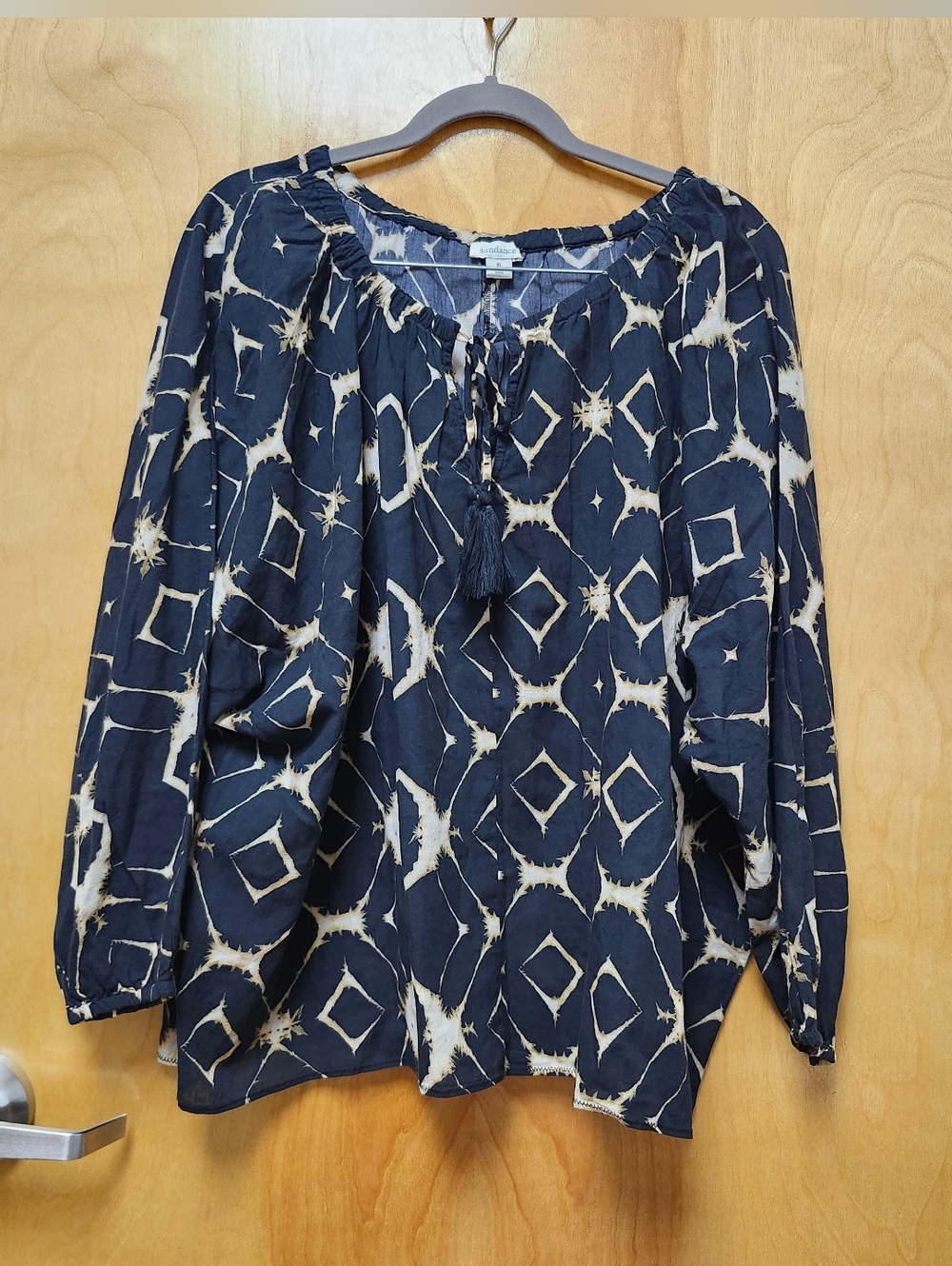 SUNDANCE  Black Tan Peasant Blouse Boho Tassel Tunic Shirt blouse top Size XL
